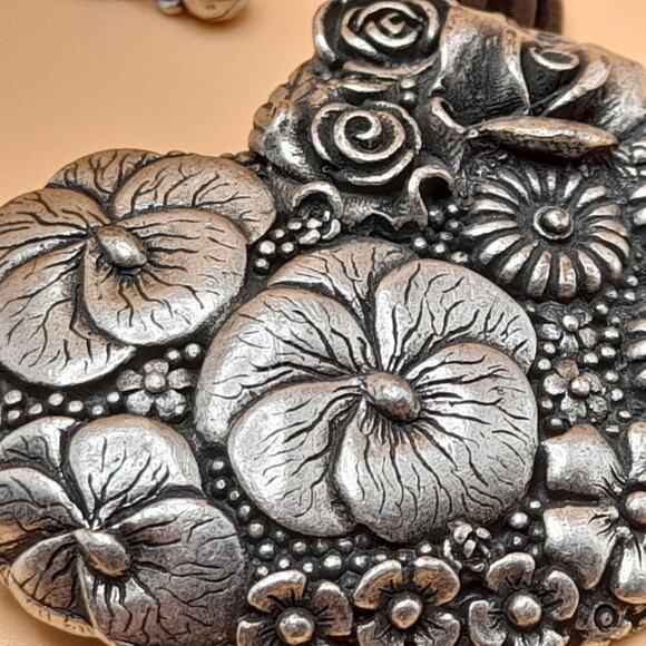 Chico's Floral Heart Silver Tone Pendant Necklace, 9 Strands Black Leather, 20" - Picture 9 of 12